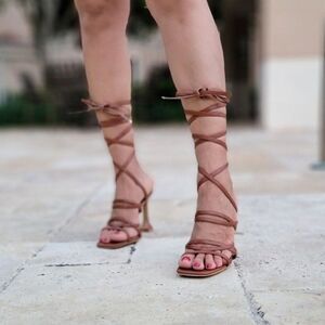 Brown Strappy Gladiator Sandals Pyramid Heel Lace Up Padded Heels